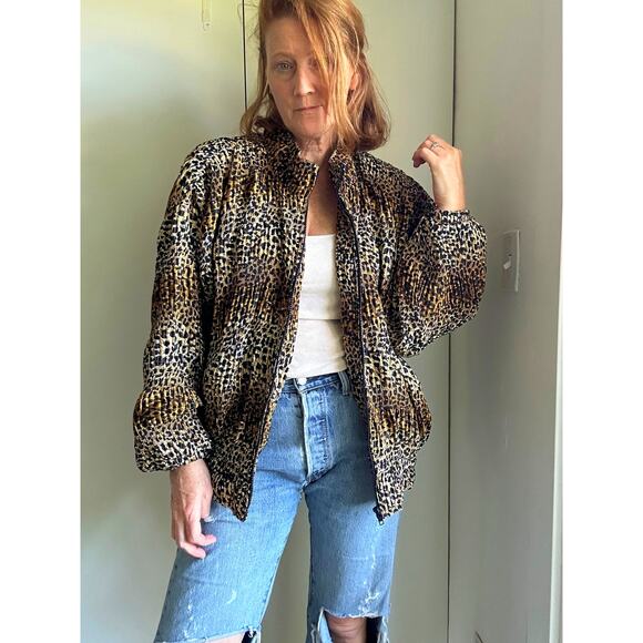 Vintage 80s Animal Print Womens Zipper Jacket/Bomber Micro Pleated Sz L/XL - Picture 6 of 10